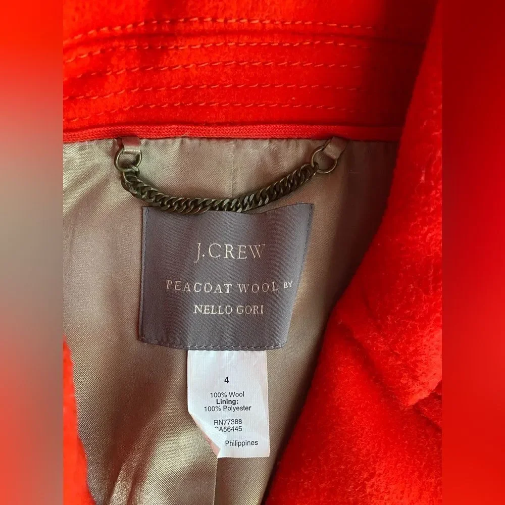 J. Crew Pea Coat Womens Red 100% Wool Nello Gori Gold Button Classic Sz 4